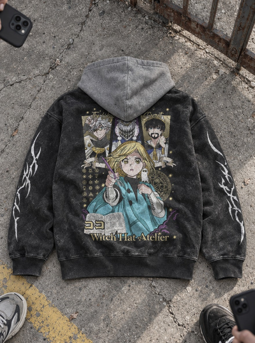 Secret Circle – Black & Grey Hoodie – flat-lay | Witch Hat Atelier