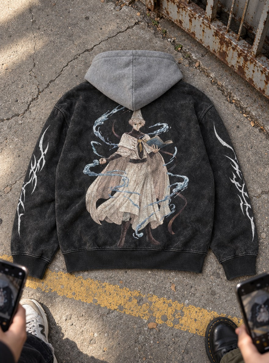 Tidal Scholar – Black & Grey Hoodie – flat-lay | Witch Hat Atelier