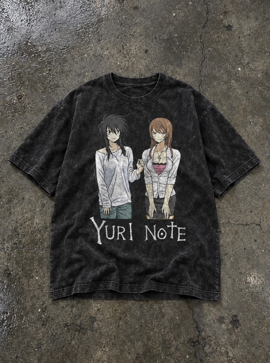 Yuri Note – Black Acid Wash Tee – flat-lay | Meme Tees