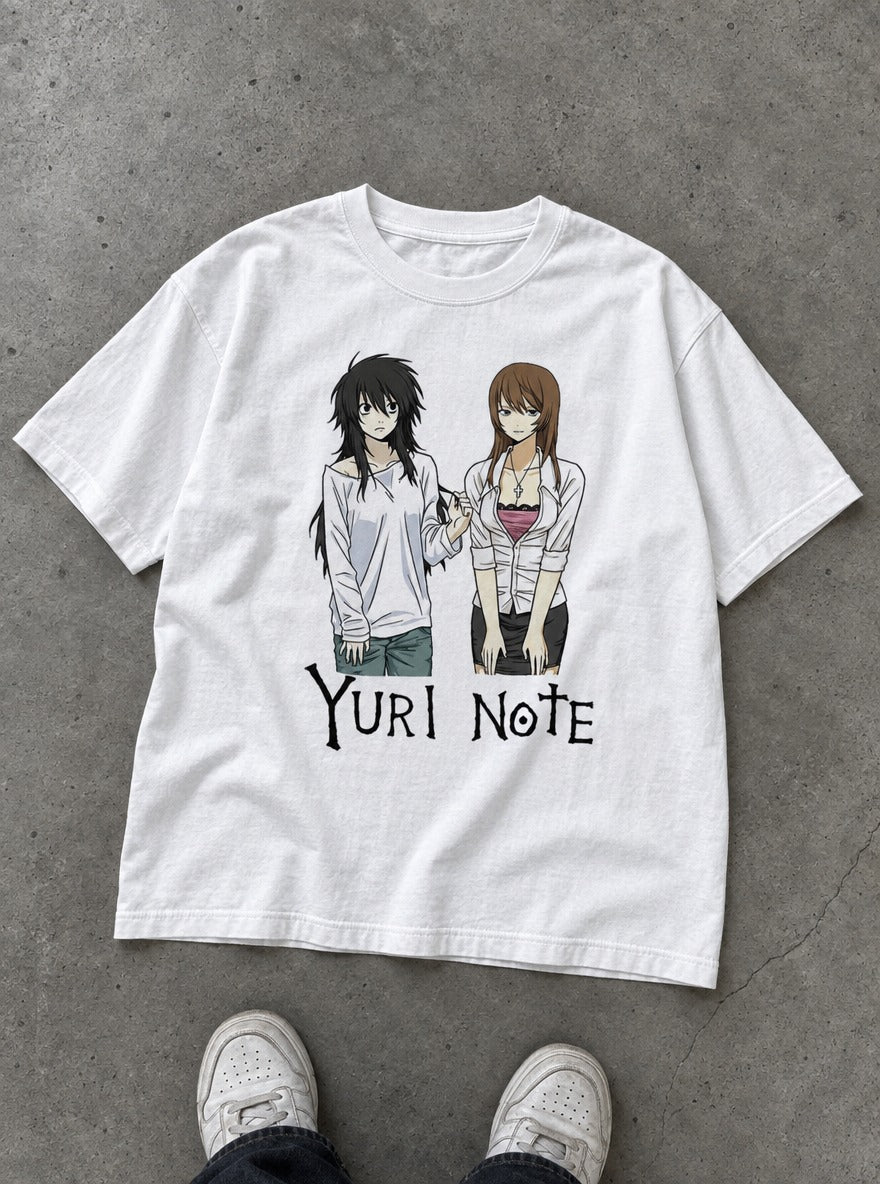 Yuri Note – White Tee – flat-lay | Meme Tees