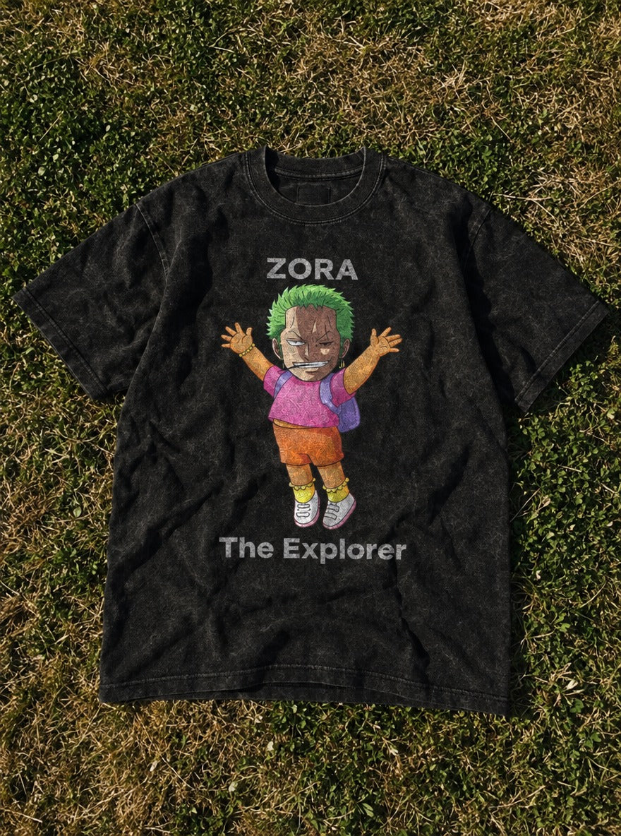 Zoro the Explorer – Black Acid Wash Tee – flat-lay | Meme Tees