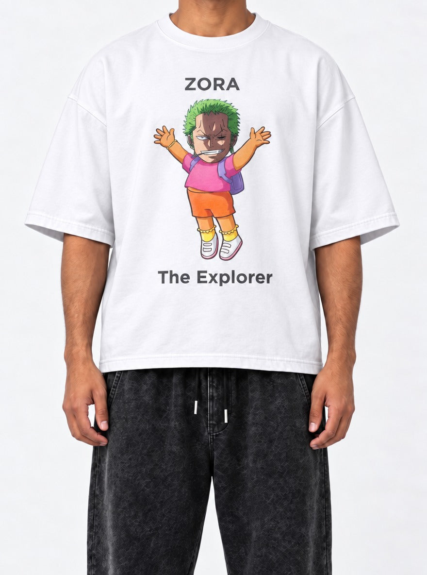 Zoro the Explorer – White Tee – model shot | Meme Tees