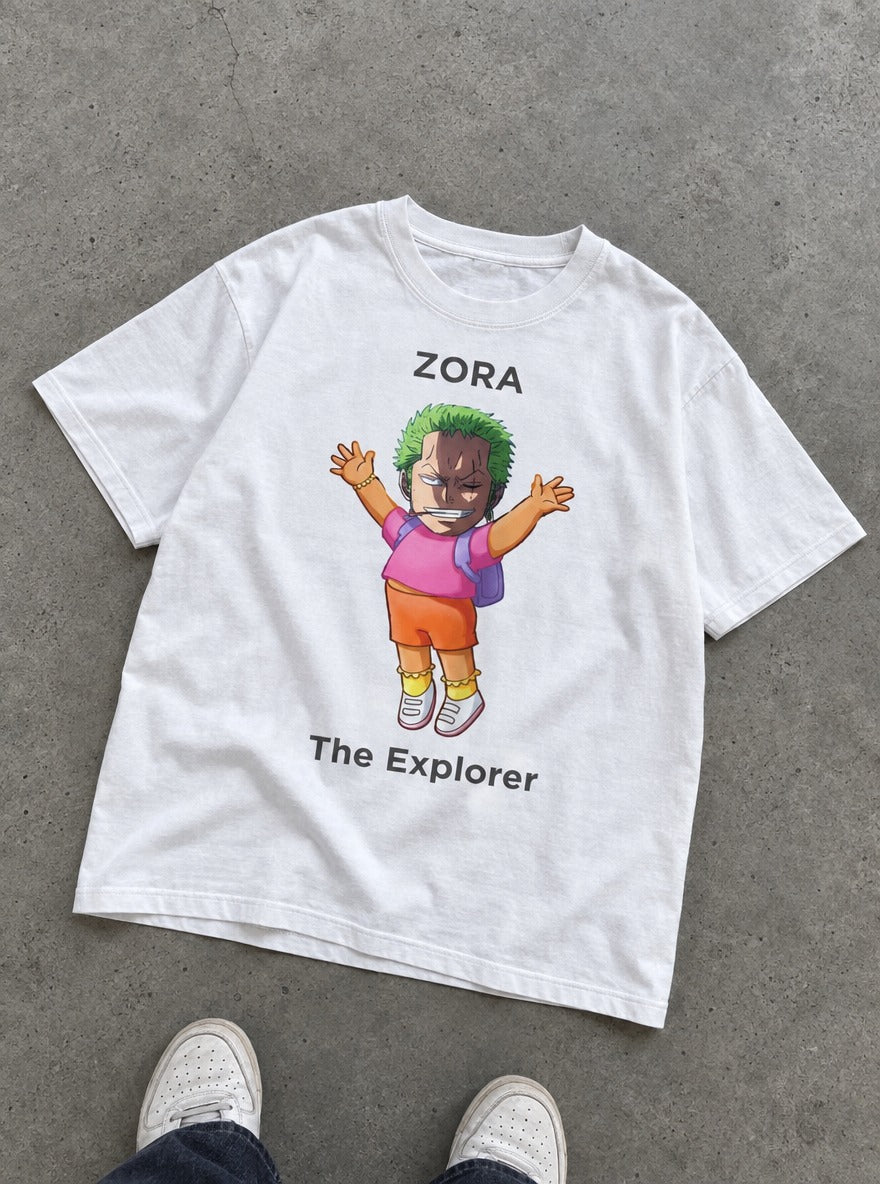 Zoro the Explorer – White Tee – flat-lay | Meme Tees